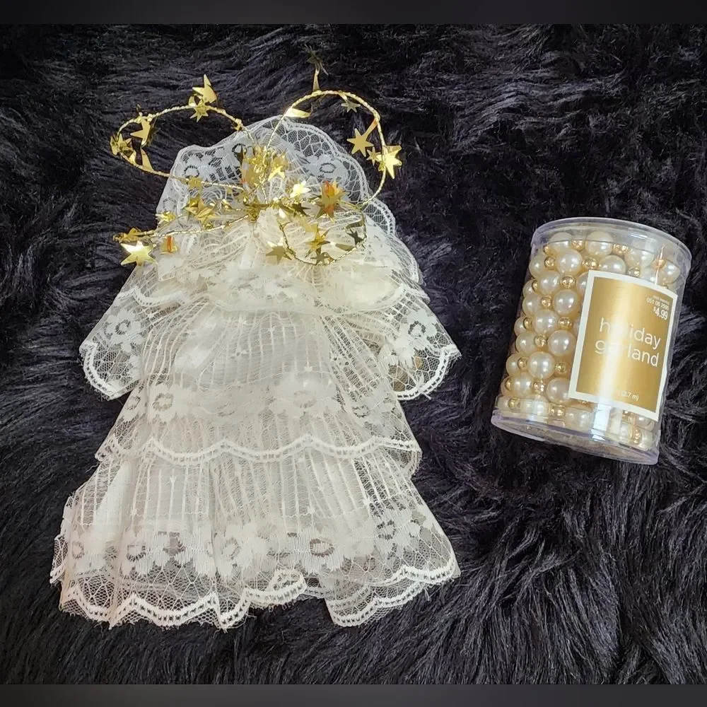Small Angel Christmas tree Topper and 9ft Pearl and Gold Toned Beaded Garland